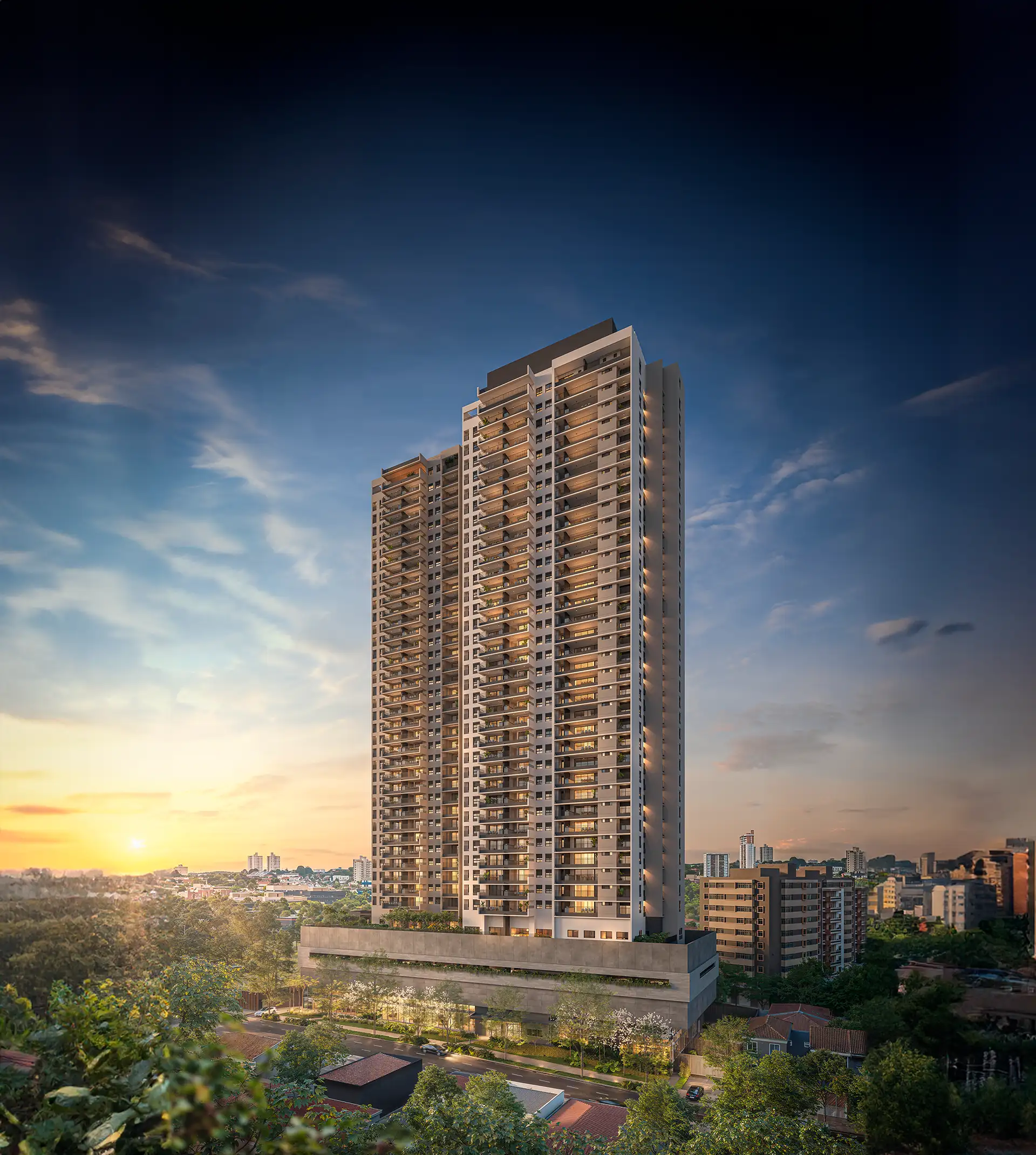 Perspectiva ilustrada da fachada do IBITI Alto da Boa Vista, torre única de 127 metros de altura com design contemporâneo no Alto da Boa Vista, São Paulo